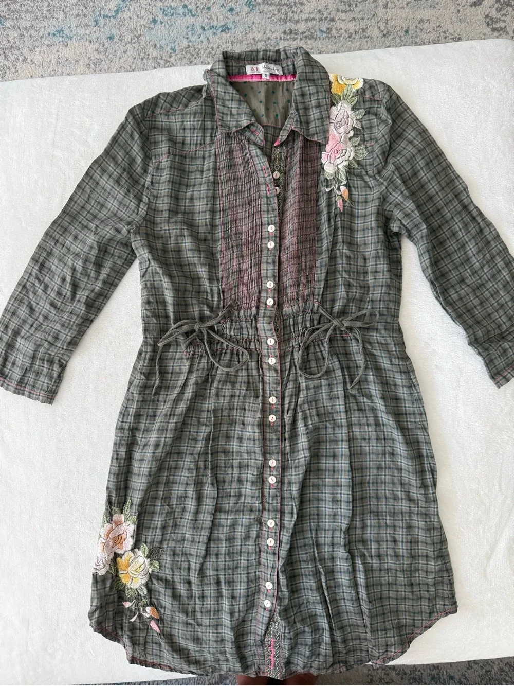 Johnny Was 3 J Olive Plaid Dress with Embroidery Size Small E04 - Picture 6 of 11